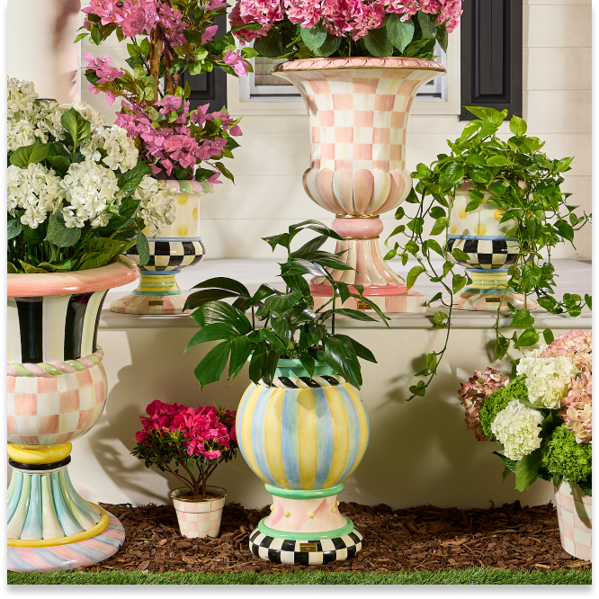 New outdoor arrivals featuring our iconic urns in rosy check